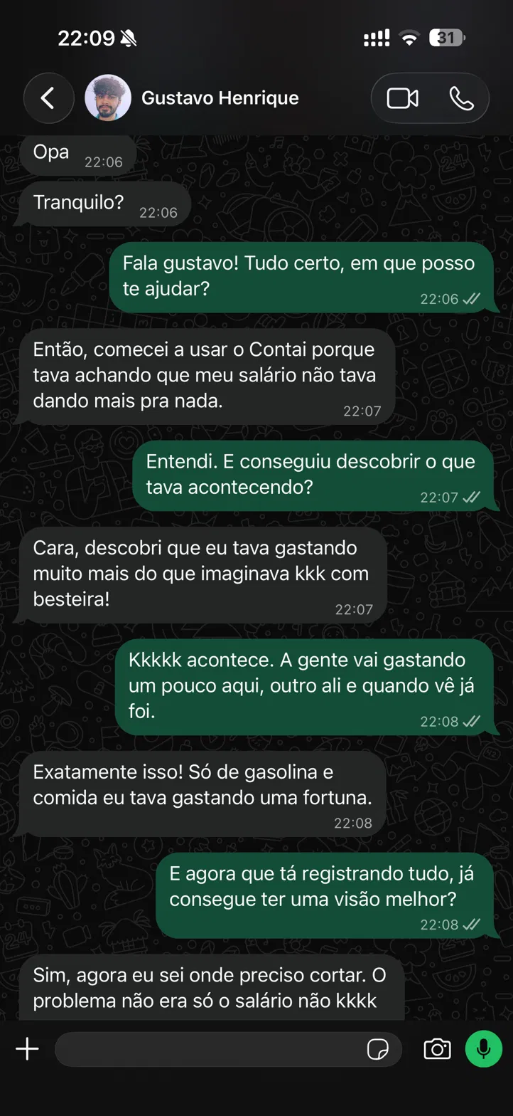 Conversa no WhatsApp com Gustavo contando que descobriu onde precisa cortar gastos