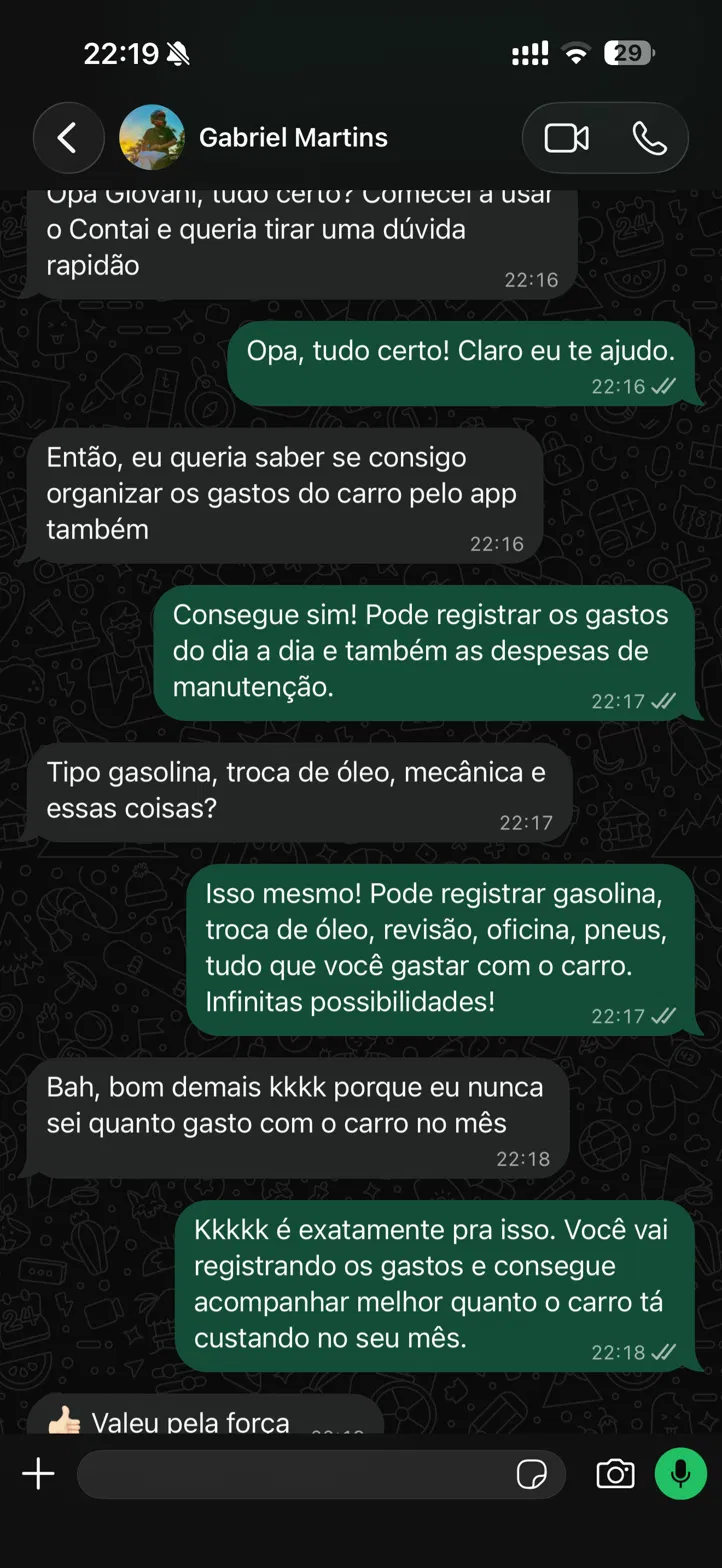 Conversa no WhatsApp com Gabriel contando que passou a acompanhar os gastos do carro